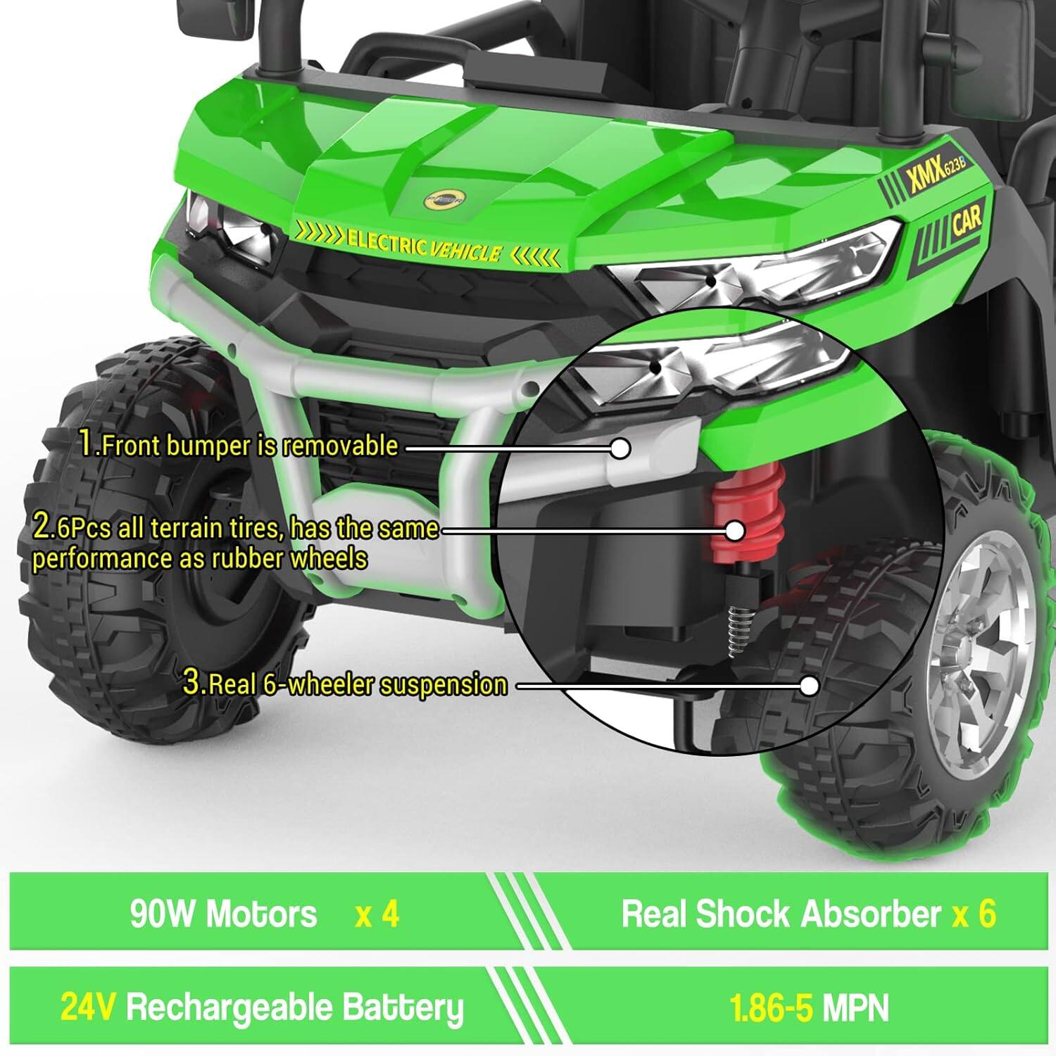 1. Front bumper is removable  
2. 6Pcs all terrain tires, has the same performance as rubber wheels  
3. Real 6-wheeler suspension  

90W Motors x 4  
24V Rechargeable Battery  
Real Shock Absorber x 6  
1.86-5 MPN
