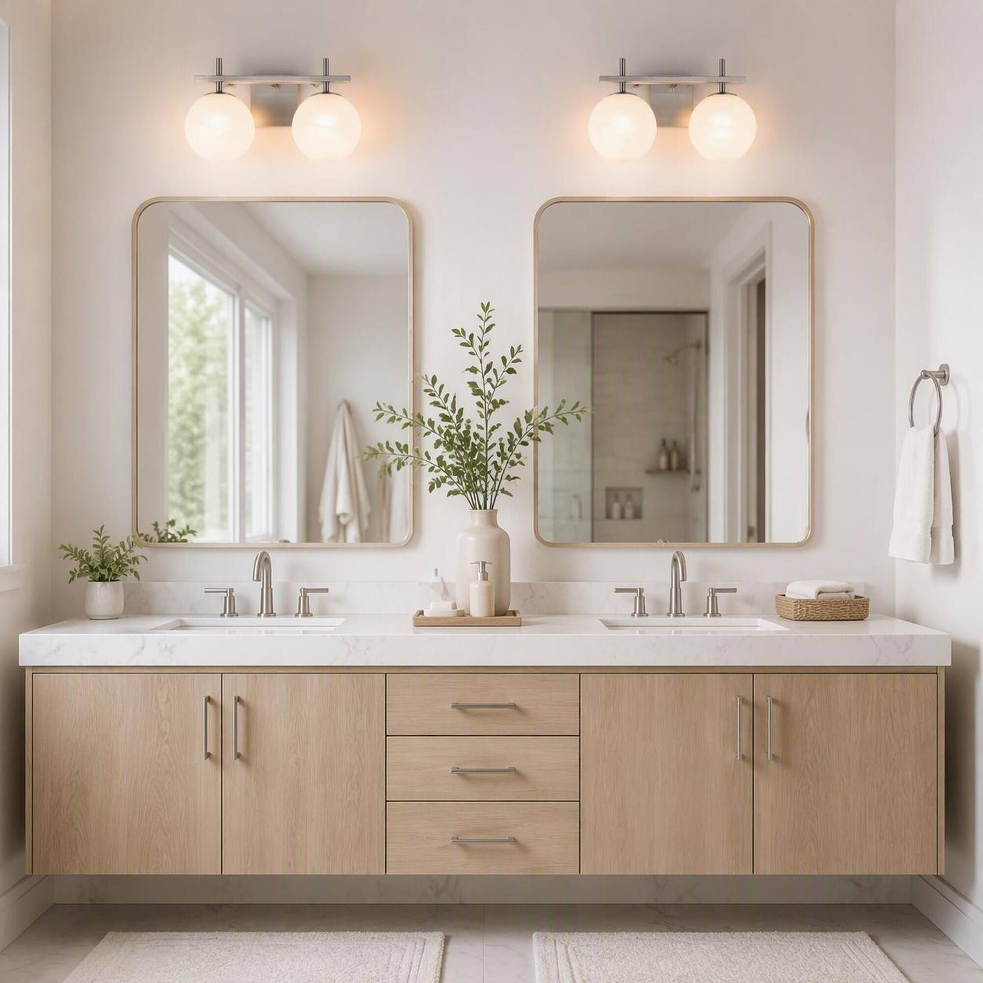 Back. RYHNUYNE - 2-Light Modern Bathroom Vanity Light, Nickel Finish Wall Sconce with White Marble-Look Globe Shades.