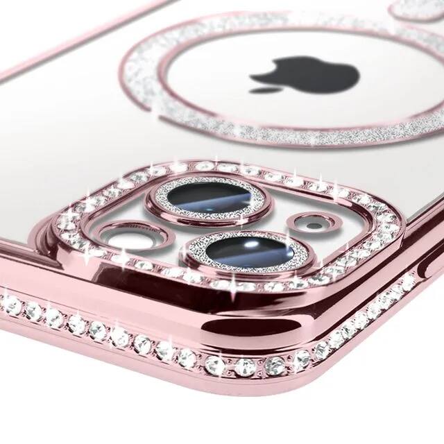 Angle. Entronix - Entronix Magnetic iPhone 15 Plus Case with Clear Back and Luxury Diamond Design - Rose.