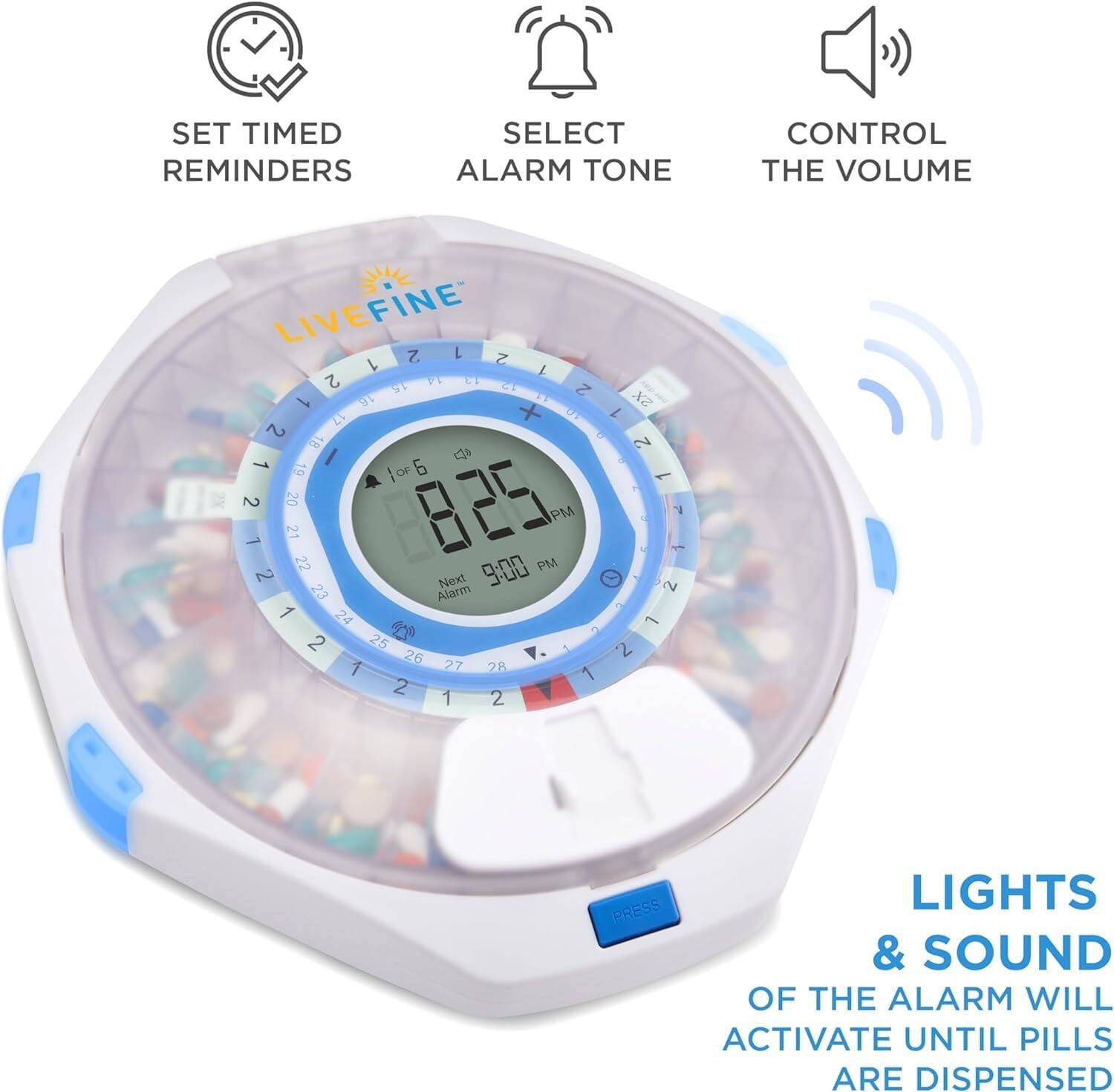SET TIMED REMINDERS, SELECT ALARM TONE, CONTROL THE VOLUME, LIVEFINE, 2 1 2 1 I 2 14 L S1 1U 2 1 T ET LI + D1 2 18 I  1 19 6 for A 2 20 825 PM 21 1 22 9:00 PM 23 Alarm, 24 2 25  26 27 1 28 1 2 1 2 X  2 E 1 V 1 2 1 2 LIGHTS & SOUND OF THE ALARM WILL ACTIVATE UNTIL PILLS ARE DISPENSED