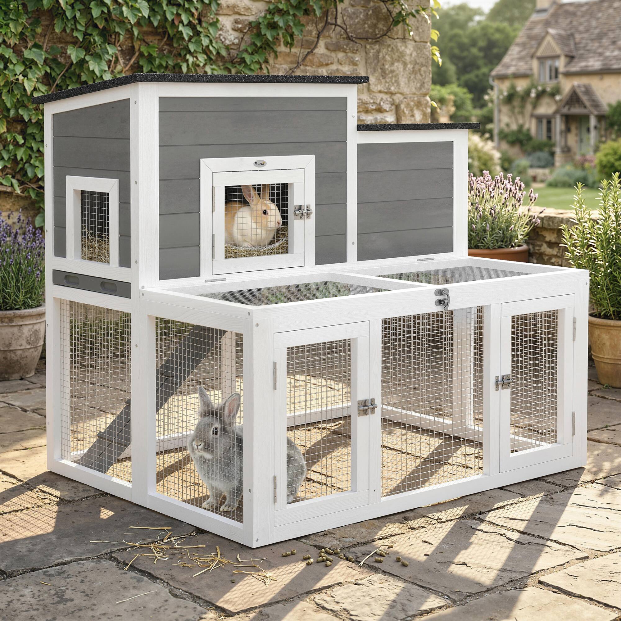 Alt View 1. Pawhut - Rabbit Hutch, 2-Story Bunny Cage with Run, Waterproof & Openable Roof - Gray.