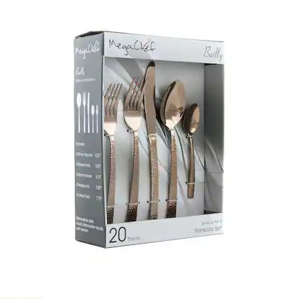 MegaChef Bailly 20 Piece Set Includes: 4 Dinner Spoons 8.25" 4 Dinner Forks 8.25" 4 Dinner Knives 8.75" 4 Teaspoons 5.50" 4 Salad Forks 7.75" Dishwasher safe: Avoid dishwasher liquids with lemon 20 Pieces for 4 Service Flatware Set