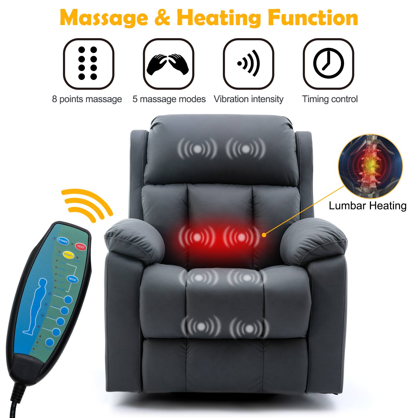 Massage & Heating Function

- 8 points massage
- 5 massage modes
- Vibration intensity
- Timing control
- Lumbar Heating