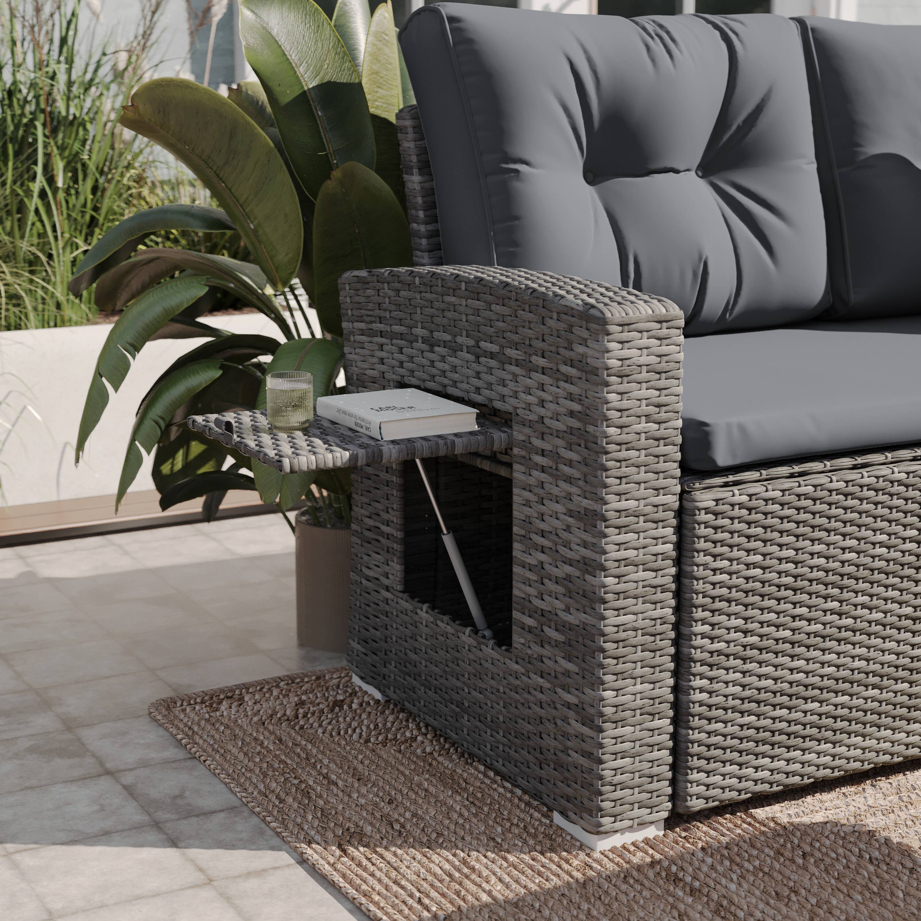 Alt View 3. Emma + Oliver - Indoor/Outdoor Dining Table/L-Shaped Sofa Conversation Set - Gray Cushions/Gray Frame.