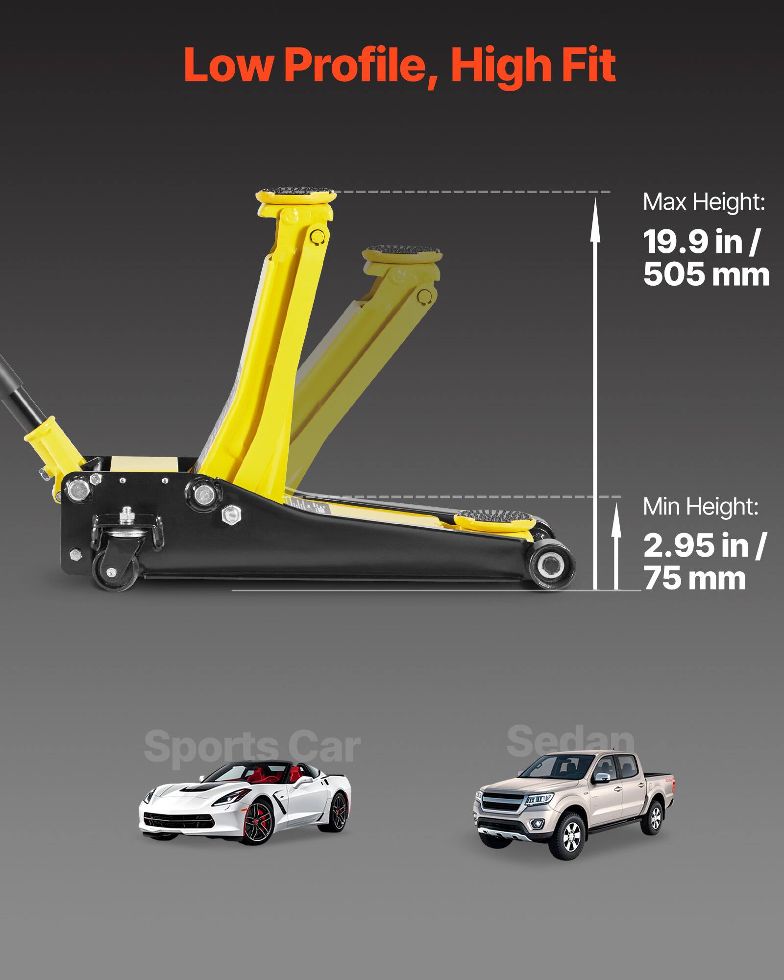 Low Profile, High Fit

Max Height: 19.9 in / 505 mm

Min Height: 2.95 in / 75 mm

Sports Car

Sedan
