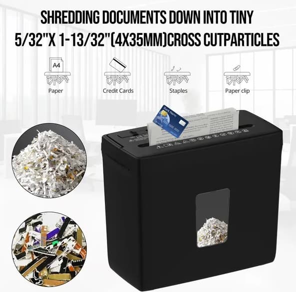 SHREDDING DOCUMENTS DOWN INTO TINY 5/32"X 1-13/32" (4X35MM) CROSS CUT PARTICLES

- A4 Paper
- Credit Cards
- Staples
- Paper clip