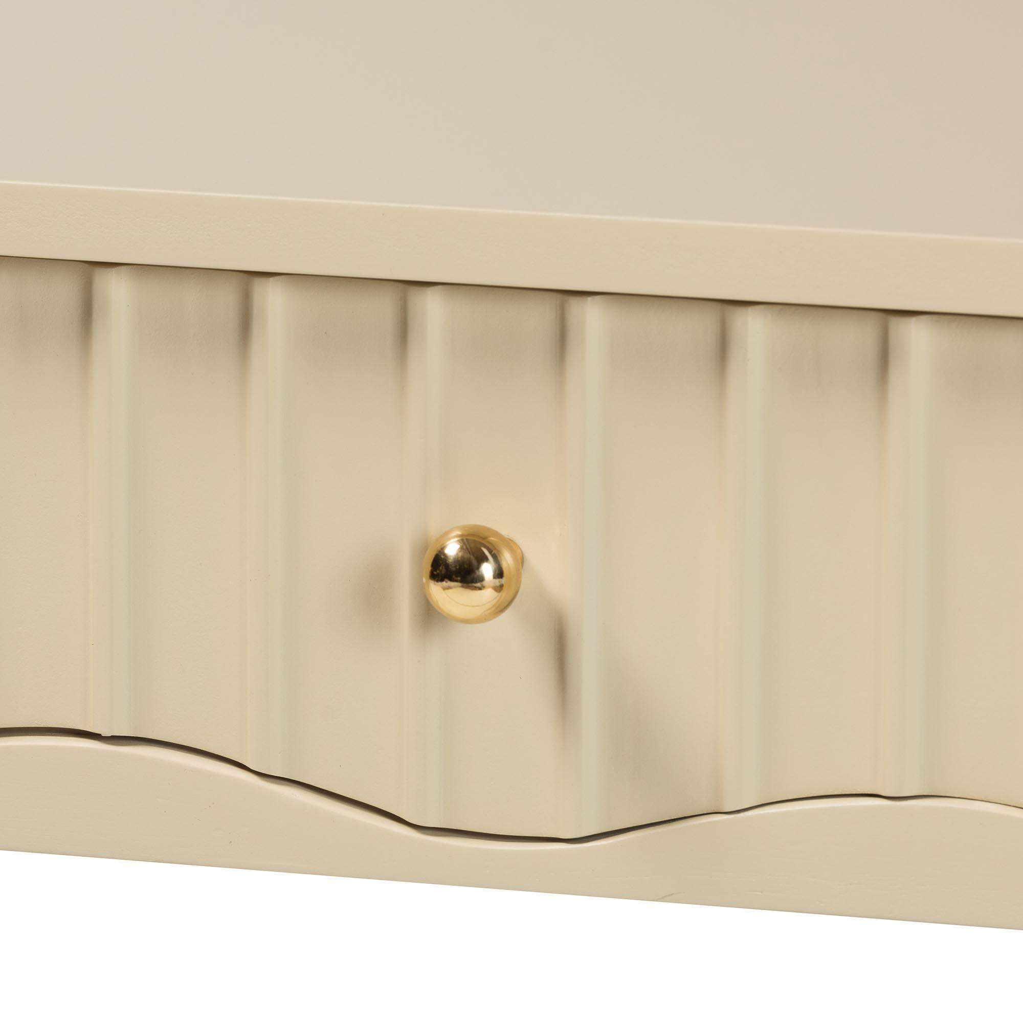 Alt View 2. bali & pari - Leeba Console Table - 3-Drawer Accent Table with Fluted Wood and Scalloped Framing for Living Room, Hallway, or Entryway - Beige.