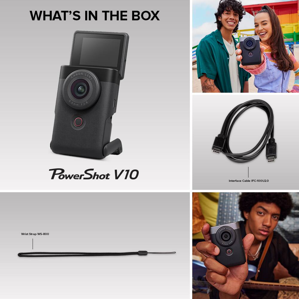 The text on the image is grouped and corrected as follows:

"What's in the box: Canon Lens 5.5mm F2.8 PowerShot V10 interface cable IFC-100U20 wrist strap WS-800 LANSN Ci 1.2."