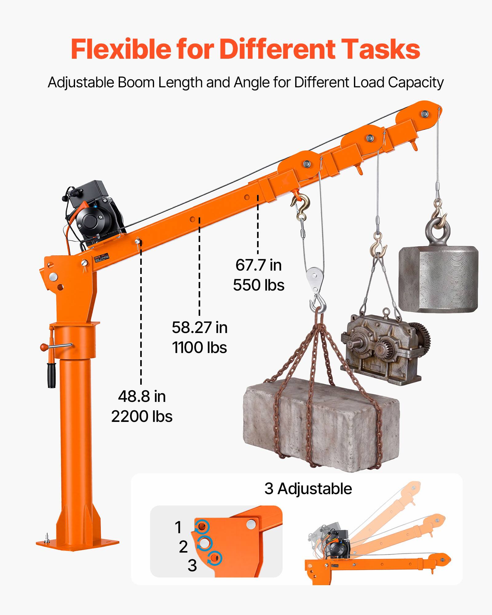 Flexible for Different Tasks  
Adjustable Boom Length and Angle for Different Load Capacity

67.7 in - 550 lbs  
58.27 in - 1100 lbs  
48.8 in - 2200 lbs  
3 Adjustable  
1 2 3