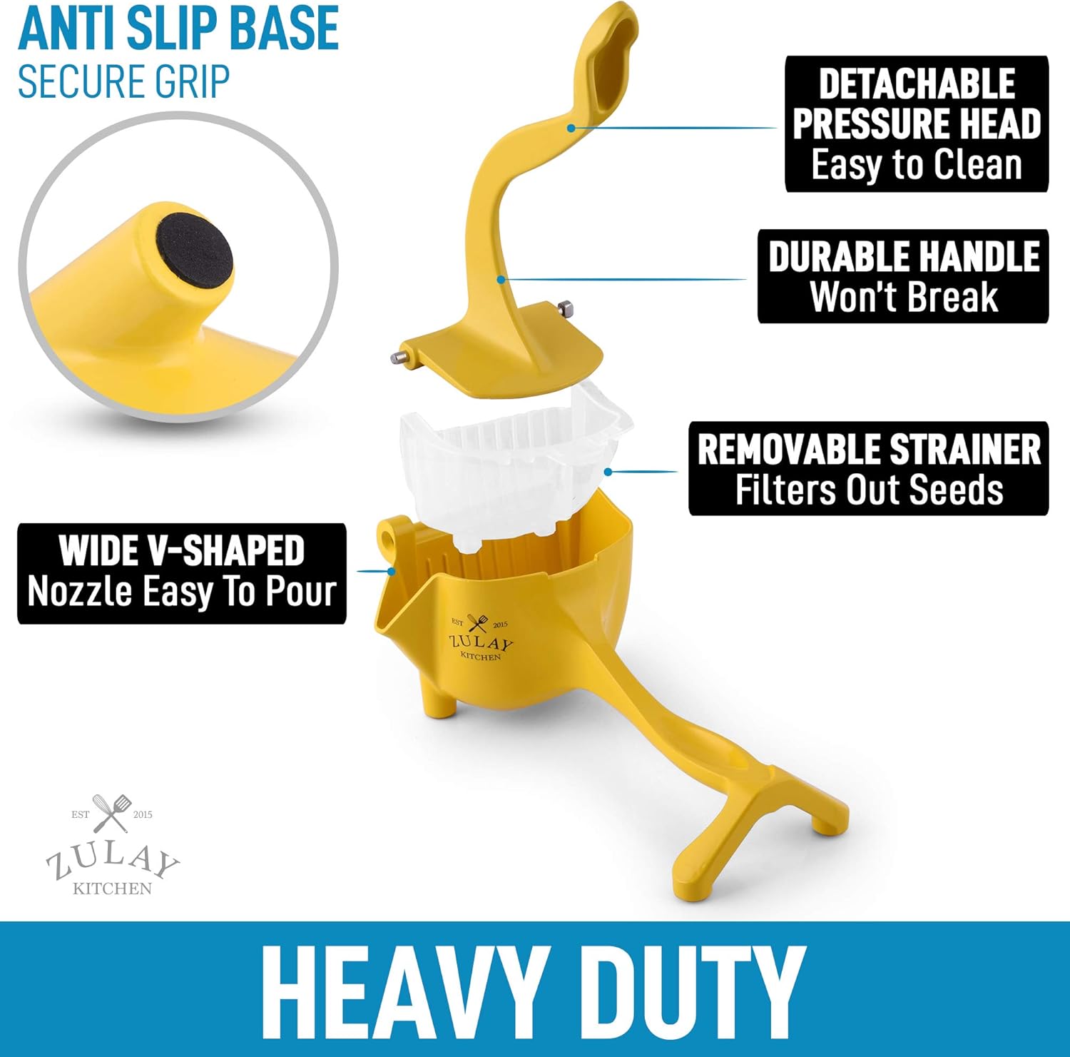 - Anti Slip Base
- Secure Grip
- Detachable Pressure Head
- Easy to Clean
- Durable Handle
- Won't Break
- Wide V-Shaped Nozzle
- Easy to Pour
- Removable Strainer
- Filters Out Seeds
- Heavy Duty