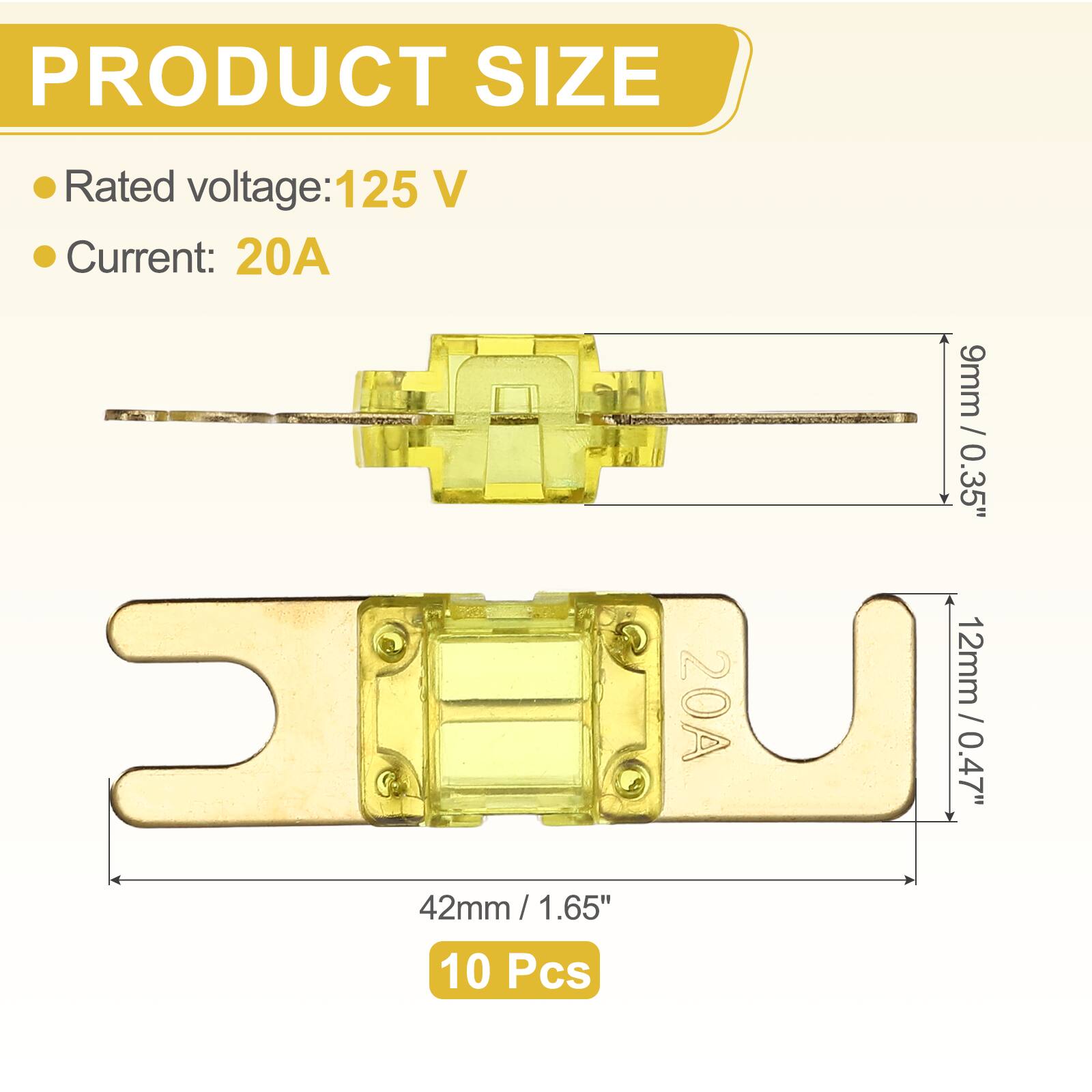 PRODUCT SIZE  
- Rated voltage: 125 V  
- Current: 20A  

- 42mm / 1.65"  
- 9mm / 0.35"  
- 12mm / 0.47"  

10 Pcs