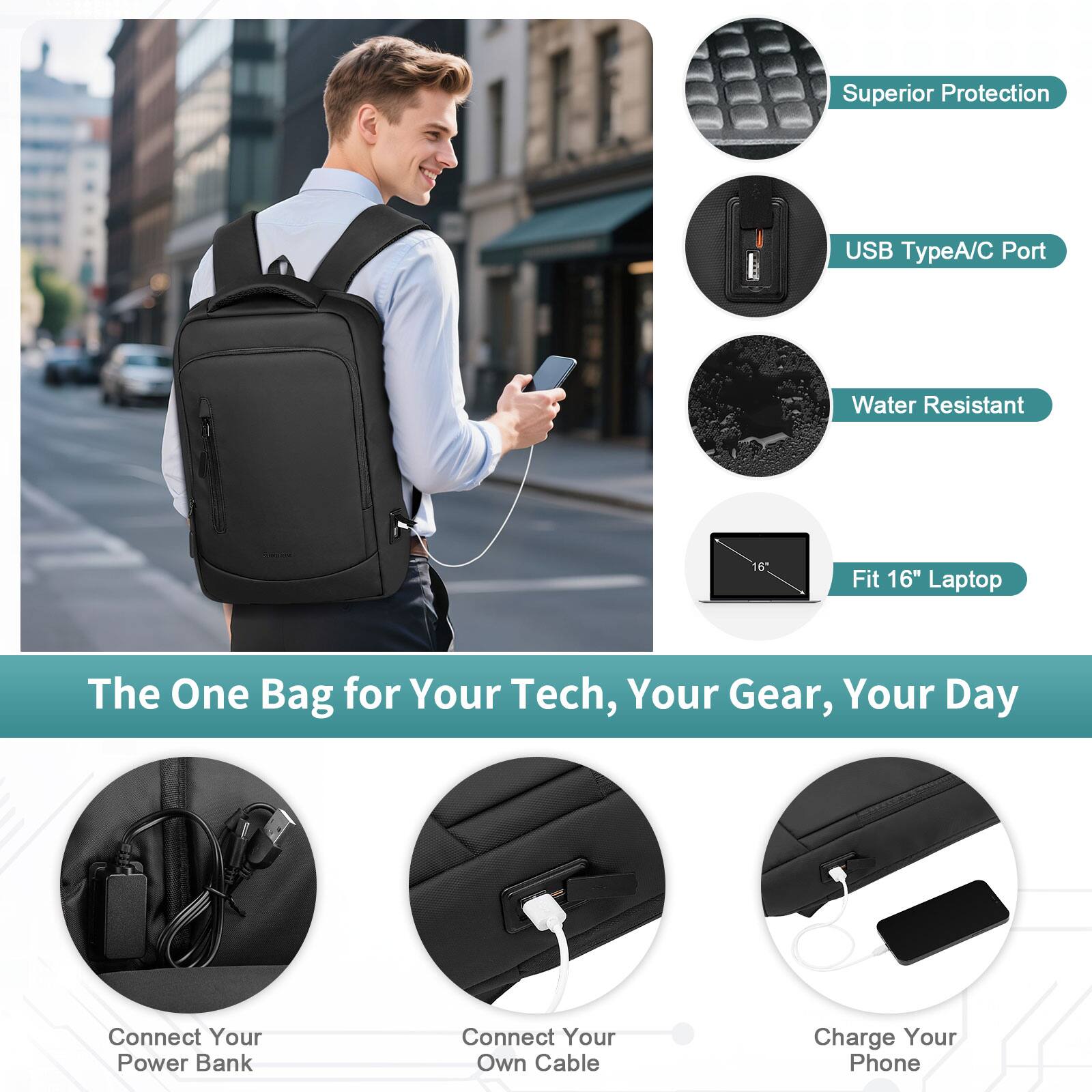 Superior Protection  
USB TypeA/C Port  
Water Resistant  
16" Fit 16" Laptop  

The One Bag for Your Tech, Your Gear, Your Day  

Connect Your Power Bank  
Connect Your Own Cable  
Charge Your Phone