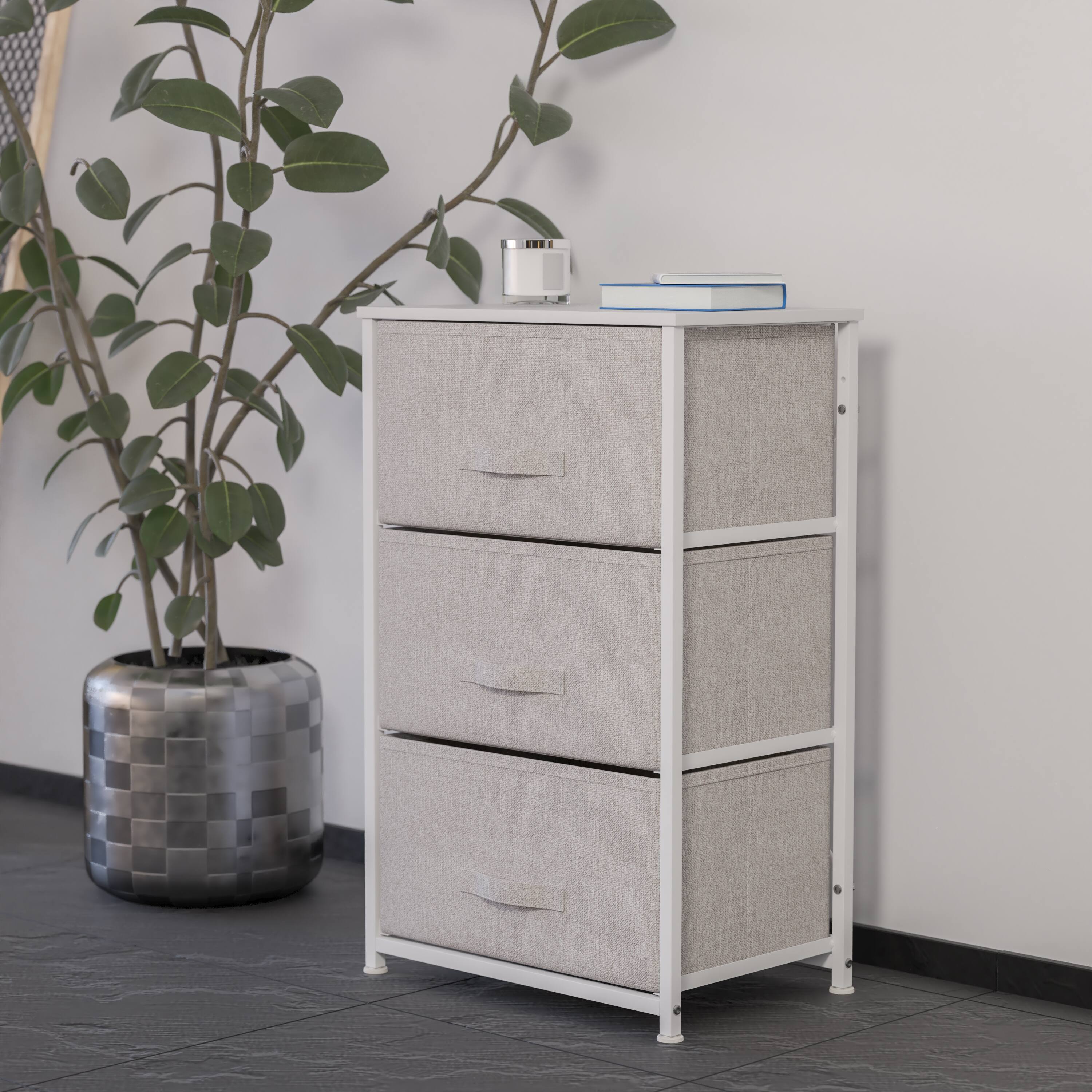 Alt View 1. Emma + Oliver - 3 Drawer Vertical Storage Dresser with Wood Top & Fabric Pull Drawers - Gray Drawers/White Frame.