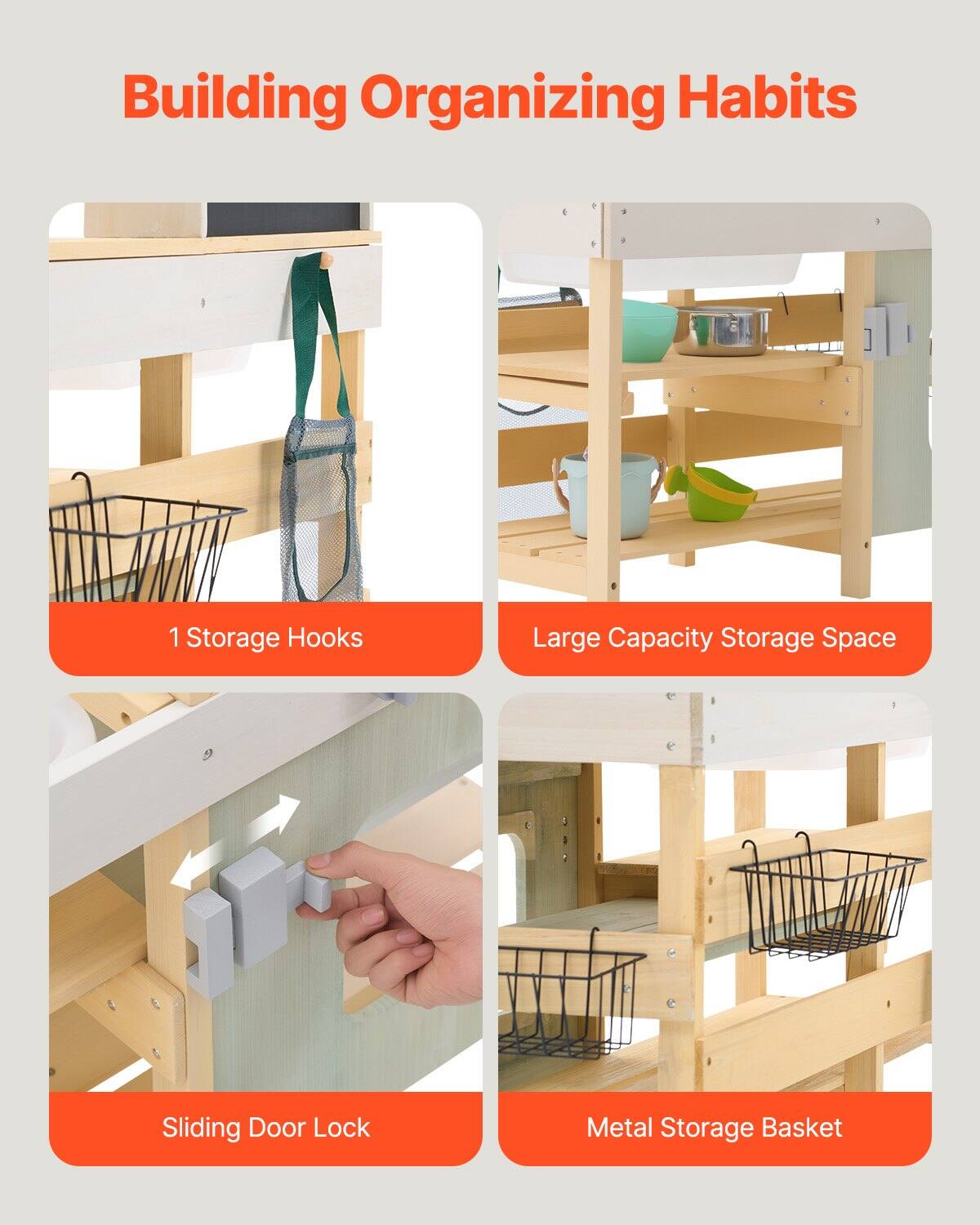 Building Organizing Habits

1. Storage Hooks
2. Large Capacity Storage Space
3. Sliding Door Lock
4. Metal Storage Basket