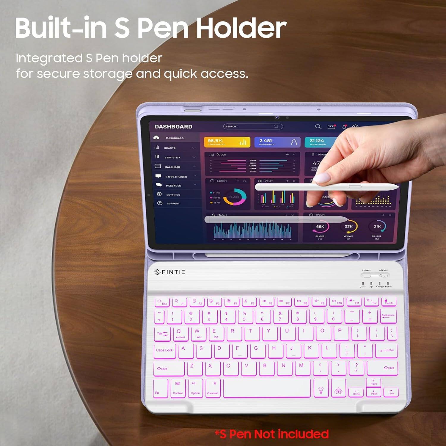 Built-in S Pen Holder  
Integrated S Pen holder for secure storage and quick access.

DASHBOARD  
SEARCH  
DASHBOARD CHARTS  
98.5%  
2481 KOPSCHIELT  
31 124 IED-30-OURMOS  
STATISTICK CALENOAR  
M Dolce  
MINN 47  
UPPLE PROTE  
LOREM  
VOLIT  
x  
MESSAGES  
SETTINGS  
D'INK 10/100  
CHOOO  
z.oe  
SUPPORT  
WITH  
POMON  

68K  
33K  
2K  
ALJOUR JU  
TEAM 411  
CLLUM  
FINTIE  
Coved  
OFFICE  
I CAPS  
I I . Charge From  
O Esc  
Q  
5  
12  
g  
F3  

N  
&  
FS  

F6  
H  
IT  

F1  
- 19  
C+ F10  
PM  
F12  
Delete  
5  
! 1  
@ 2  
# 3  
$ 4  
% 5  
A 6  
& 7  
8  
9  
