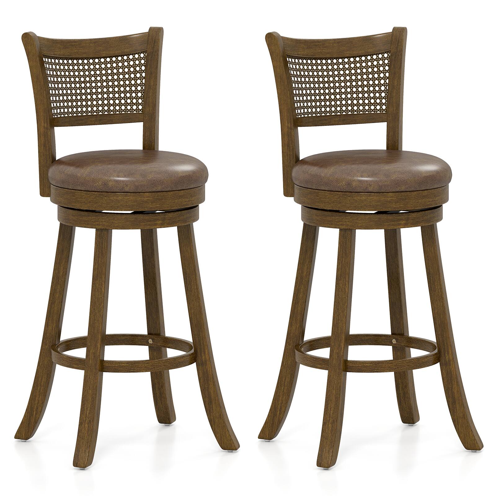 Front. Gymax - Gymax Set of 2 Bar Stools 30'' Swivel Bar Chairs w/ PE Rattan Backrest Bar Height - Brown.