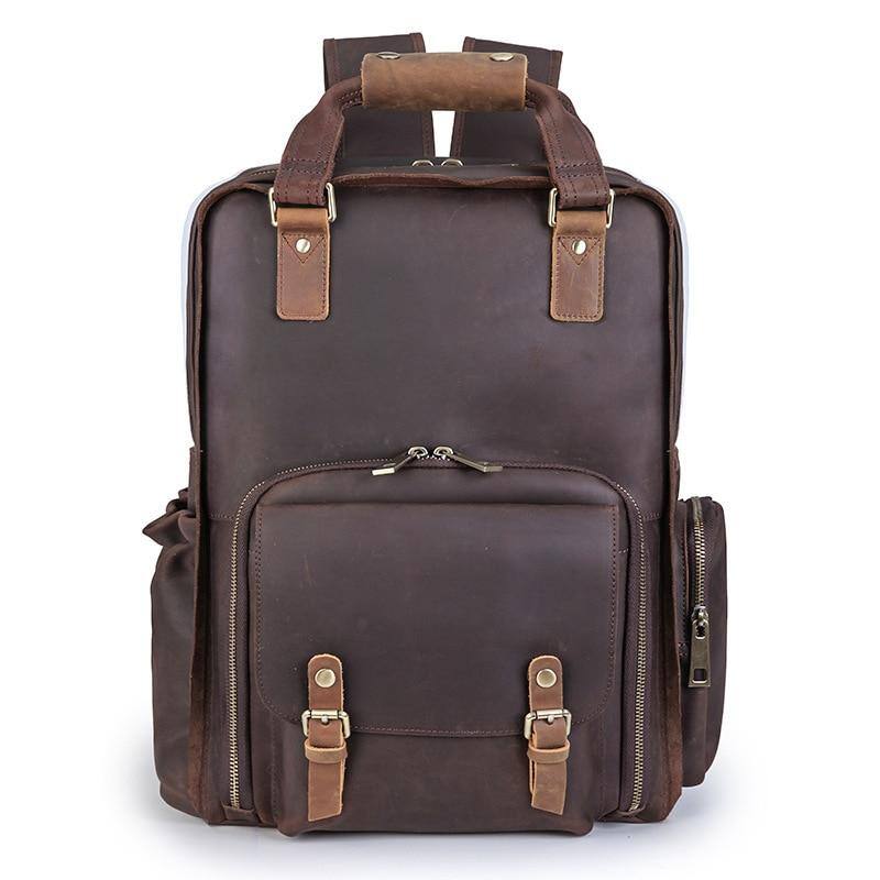 Left. Steel Horse Leather - The Gaetano | Large Leather Backpack Camera Bag - Dark Brown.