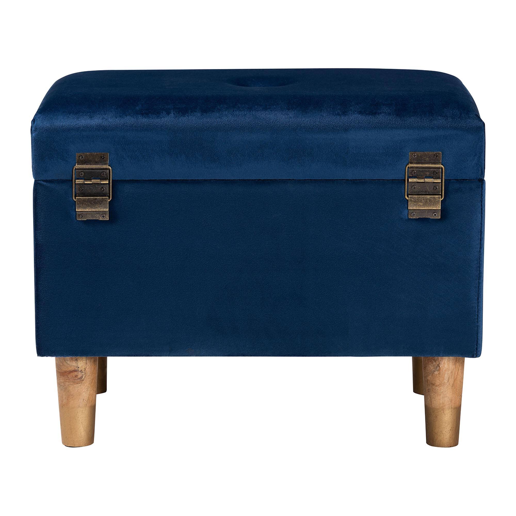 Alt View 1. Baxton Studio - Elias Modern Velvet Fabric Storage Ottoman - Navy Blue/Oak Brown.