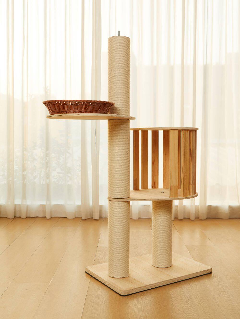 Angle. JUJABU - 5-Tier Waterproof Freestanding Cat Tree, 102-118 in Adjustable Ceiling-to-Floor, Hemp Scratching Post.