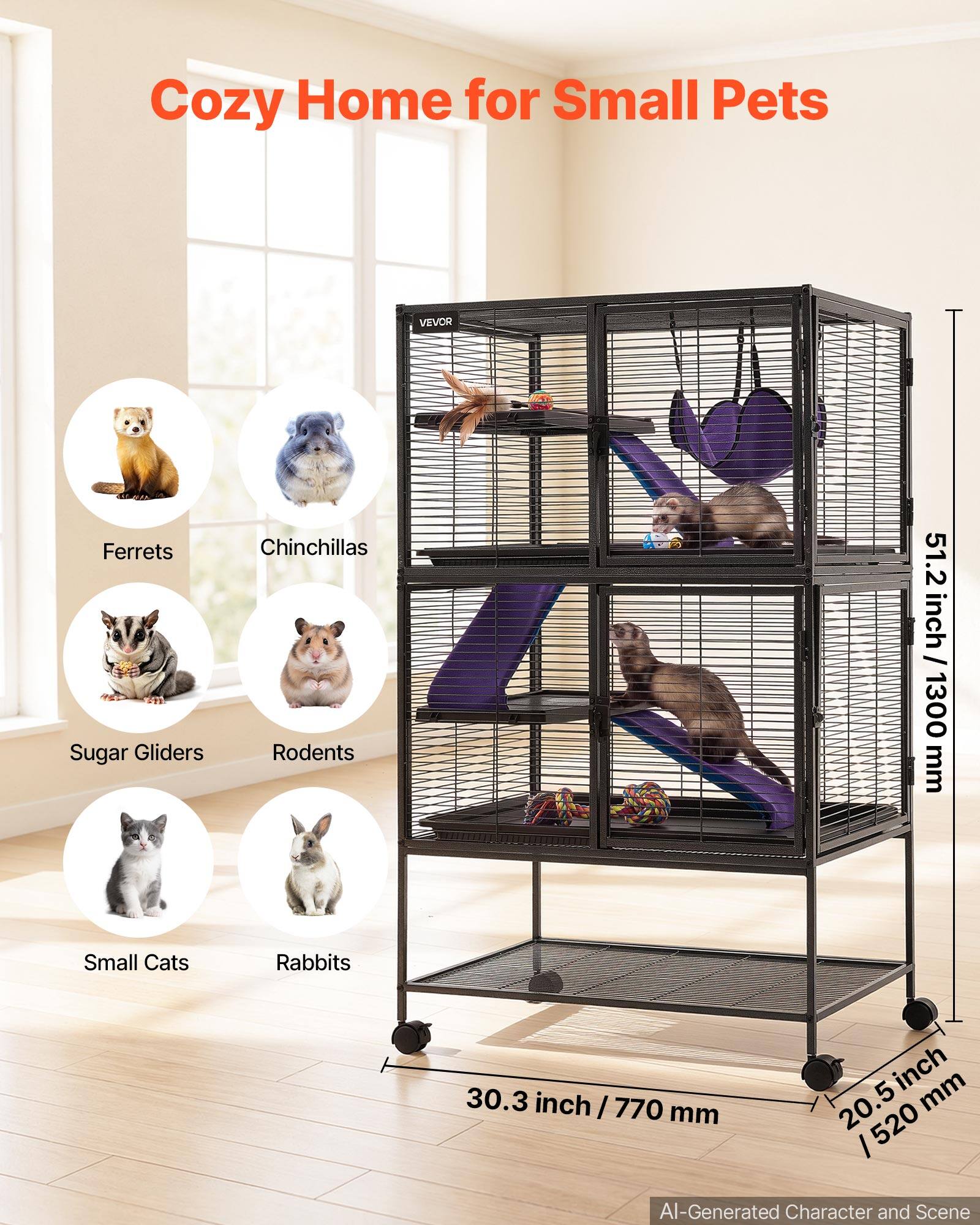 Cozy Home for Small Pets

VEVOR

Ferrets Sugar Gliders
Chinchillas Rodents
51.2 inch / 1300 mm
Small Cats
Rabbits
30.3 inch / 770 mm
20.5 inch / 520 mm

AI-Generated Character and Scene