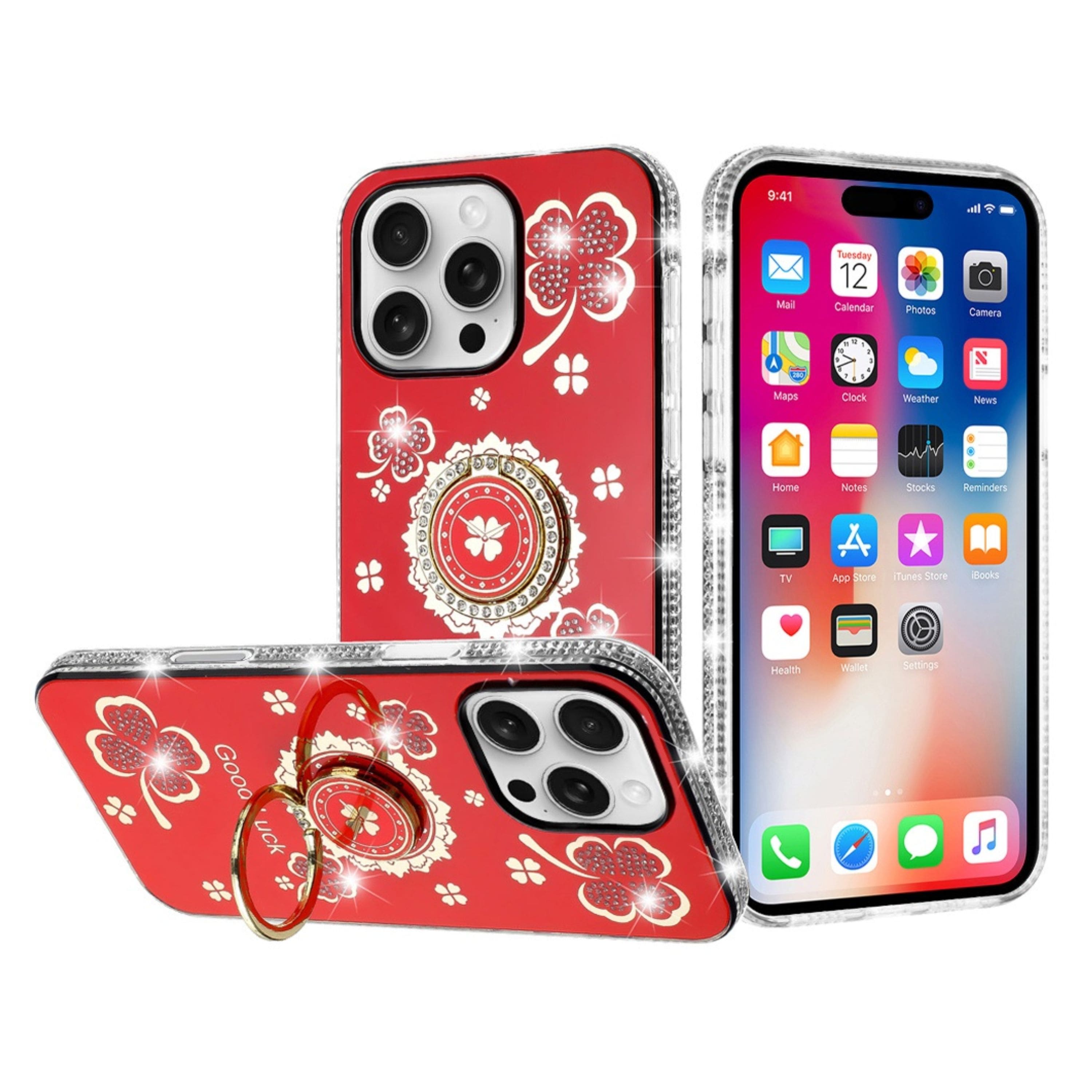 Kitcheniva - Crystal Studded Ring Stand Phone Case With Tempered Glass For iPhone 16 Pro - Red price history on PriceWatchPro