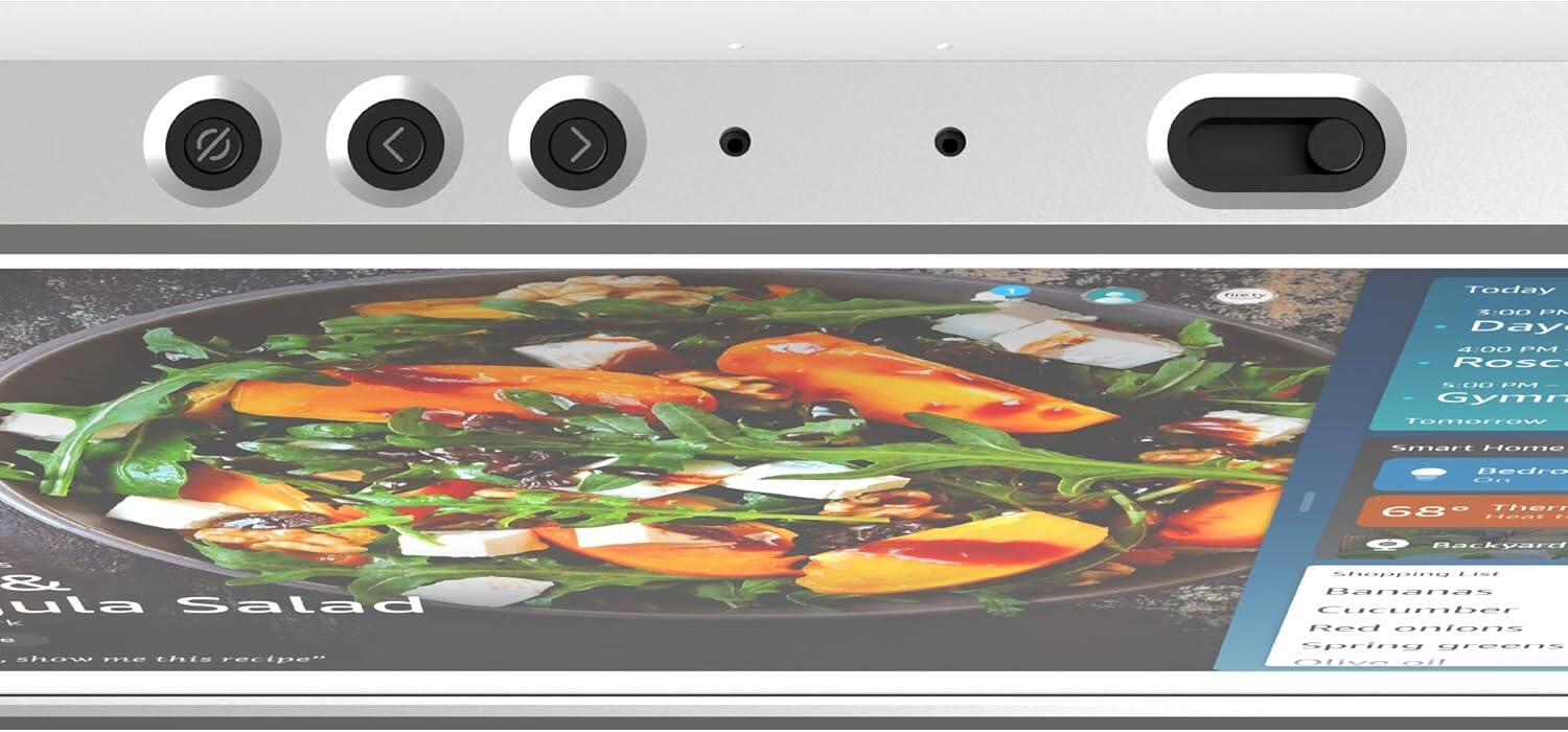 Sure, here is the corrected and grouped text:

---

**Today:**
- 3:00 PM
- 4:00 PM
- 5:00 PM

**Tomorrow:**
- Gym

**Smart Home:**
- Bedroom
- Thermostat: 68°F
- Backyard

**Shopping List:**
- Bananas
- Cucumber
- Red onions
- Spring greens
- Olive oil

**Recipe:**
- "show me this recipe"

---

**Image Caption:**
- "Kale & Butternut Squash Salad"