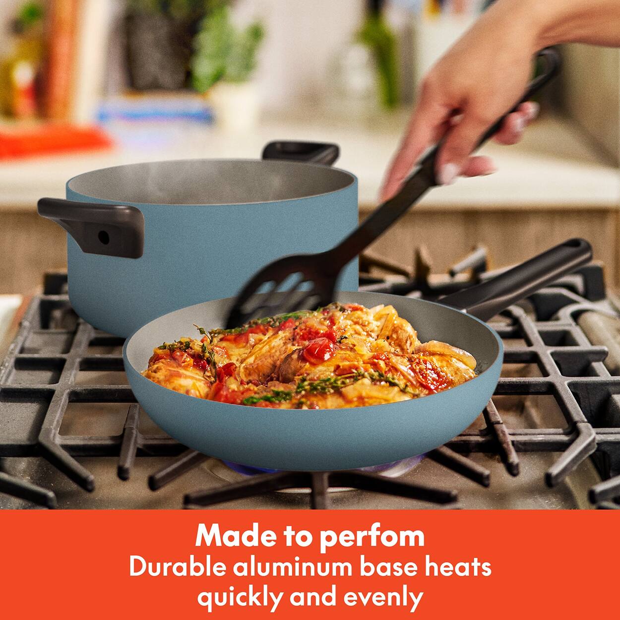 Made to perform, durable aluminum base heats quickly and evenly