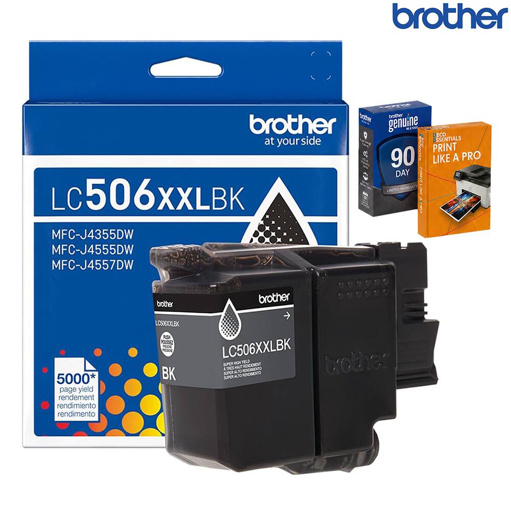 brother genuine MFC-J4355DW MFC-J4555DW MFC-J4557DW LC506XXLBK 90 DAY LIMITED WARRANTY ECO ESSENTIALS PRINT LIKE A PRO brother at your side 5000* page yield rendement rendimiento rendimento