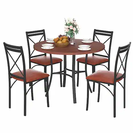 Front. Vecelo - 5-Piece Dining Table Set for 4, Heavy metal frame and Chairs with Upholstered Seats, Space-Saving Design - Brown Set.