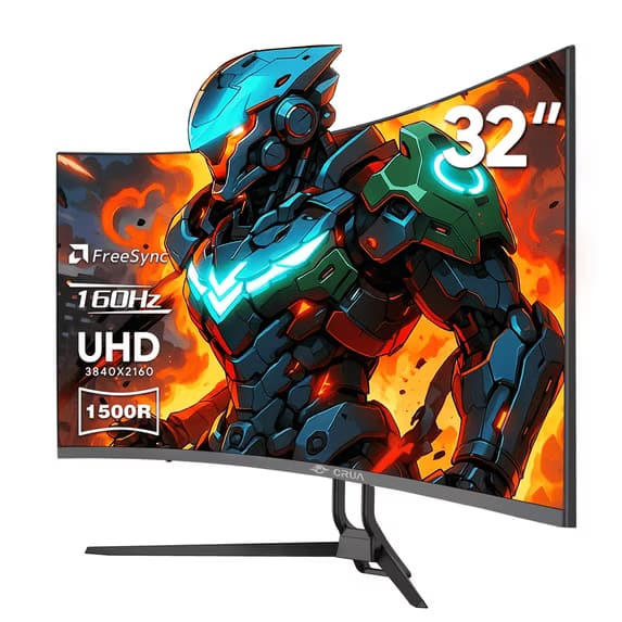 CRUA - 32" Curved UHD 4K Monitor, 160Hz Refresh, 1500R Curvature, Black with RGB Lighting and Built-in Speakers