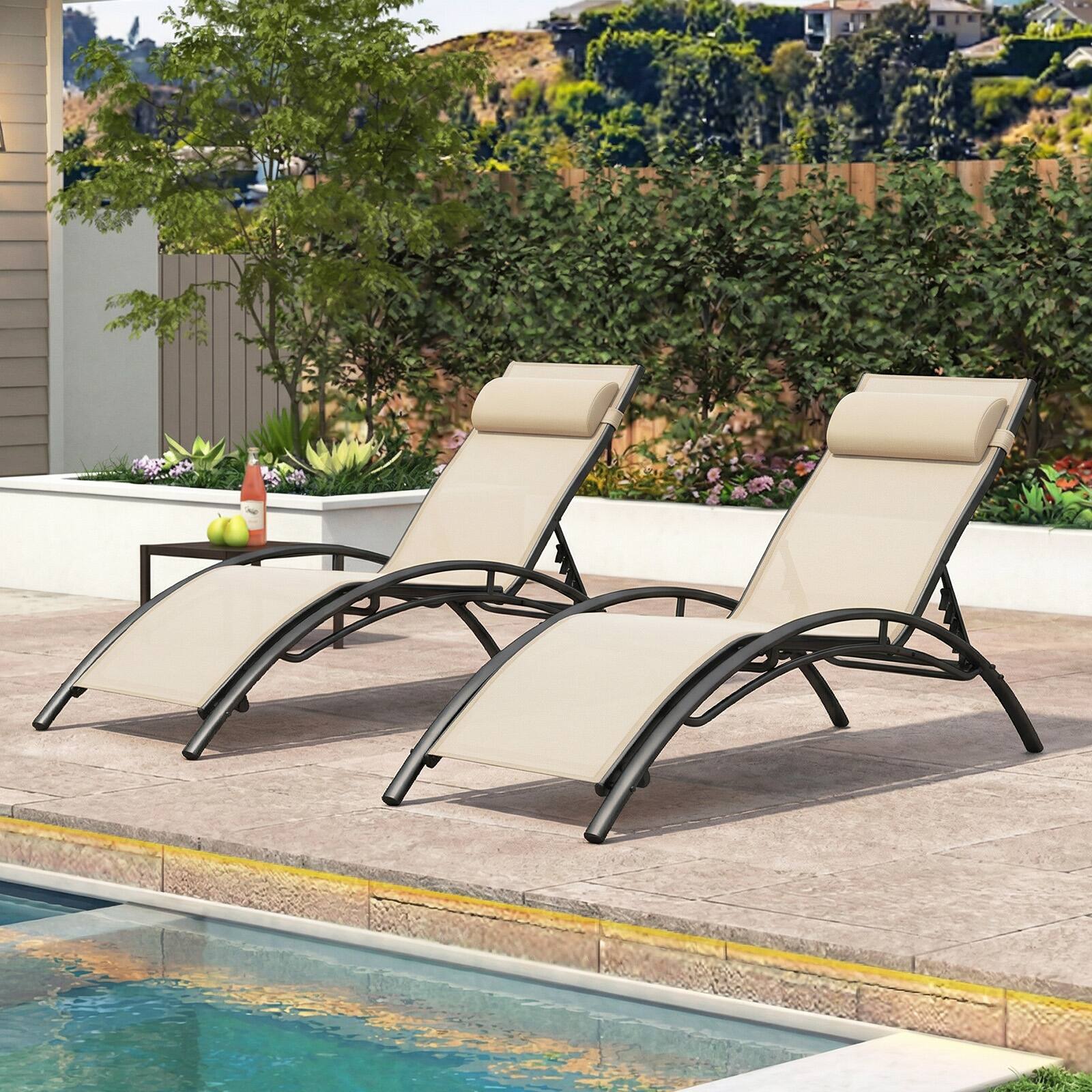 Alt View 1. Gymax - Gymax Patio Chaise Lounges Set of 2 w/5-Position Backrest & Breathable Seat Fabric Brown - Beige.
