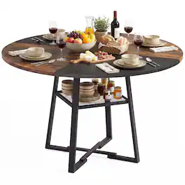 Gymax - Round Dining Table for 4-6 47.5'' Dining Room Table w/Storage Shelf & Metal Legs Rustic Black - Brown