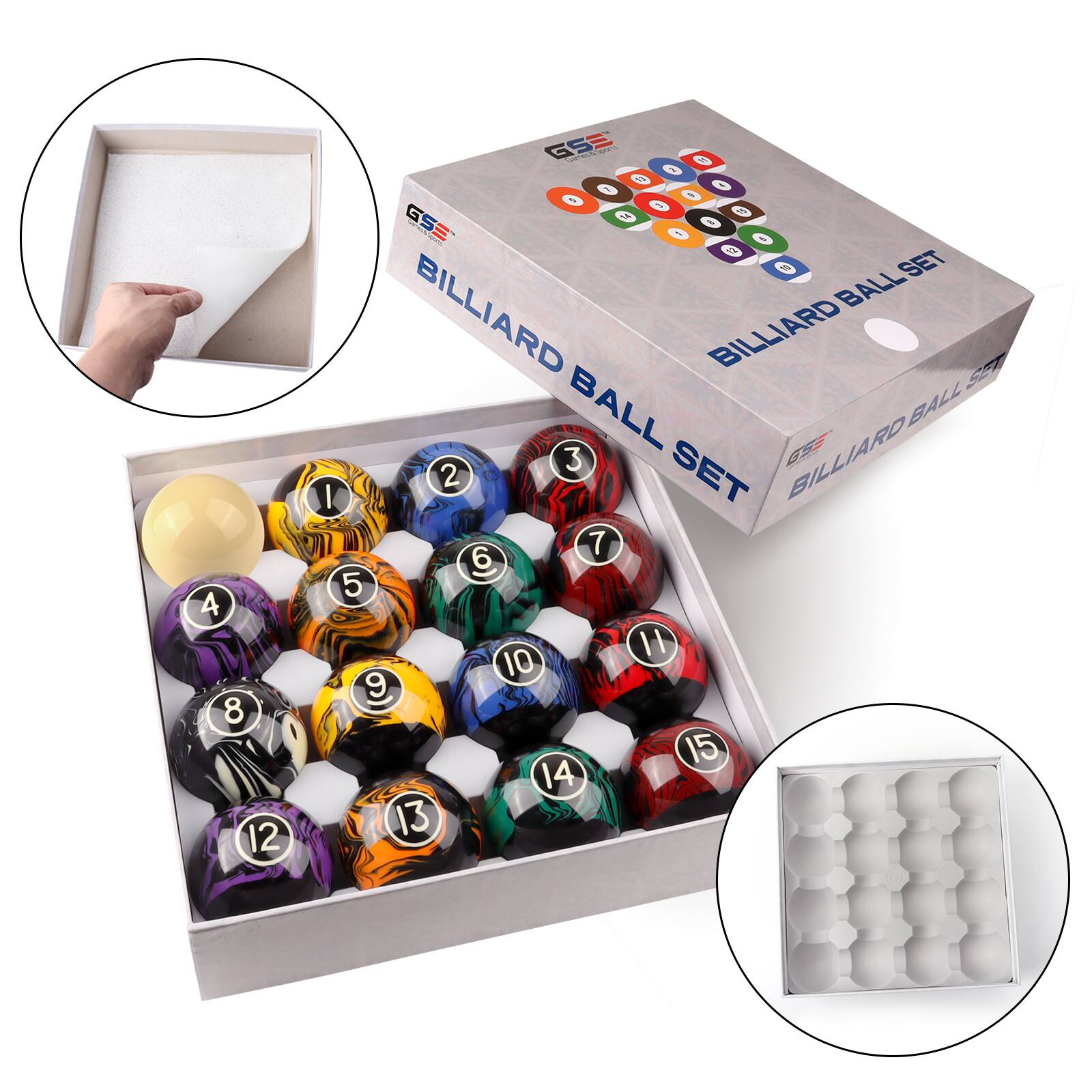 BILLIARD SET, BILLIARD BALL SET, GSE, 1, 2, 3, 4, 5, 6, 7, 8, 9, 10, 11, 12, 13, 14, 15