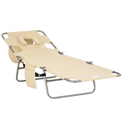 Front. Outsunny - Folding Beach Lounge Chair with Face Hole and Arm Slots, 5-level Adjustable Sun Lounger Tanning Chair - Beige.