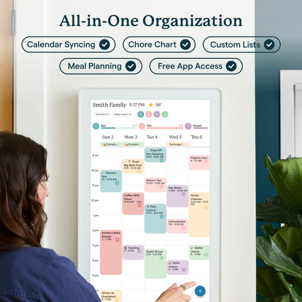 All-in-One Organization Calendar Syncing Chore Chart Custom Lists Meal Planning Free App Access Smith Family 5:17 PM 36 Schedule Mngic impors - 1 Dad 25 - El 1/1 Harper Sun 2 Mon 3 Tue 4 Wed 5 Thu 6 Compin.. Compin.. Garbage/ 9 am to am 1 am 12 pm Grocery Run 8:50 9:00 Ada . Dog's Bg Boch Day 98 1m AM History Tess at 10:00 am Coffee With Corsna 150 A MM Pest Control 15:00 P . Pajoma Davi 9 10 AM Pep Rally - AM 15 11 House Cleaners n AIM 2:50 P Ovthodontist TO 26 p Amelio's Sub Shower 1 1 PM 1 L futoring - M Study Group . - Guitar Lesson A 4 PM a p Violla Lesson + M - 1 pm - binner Grandma's + 1 PM