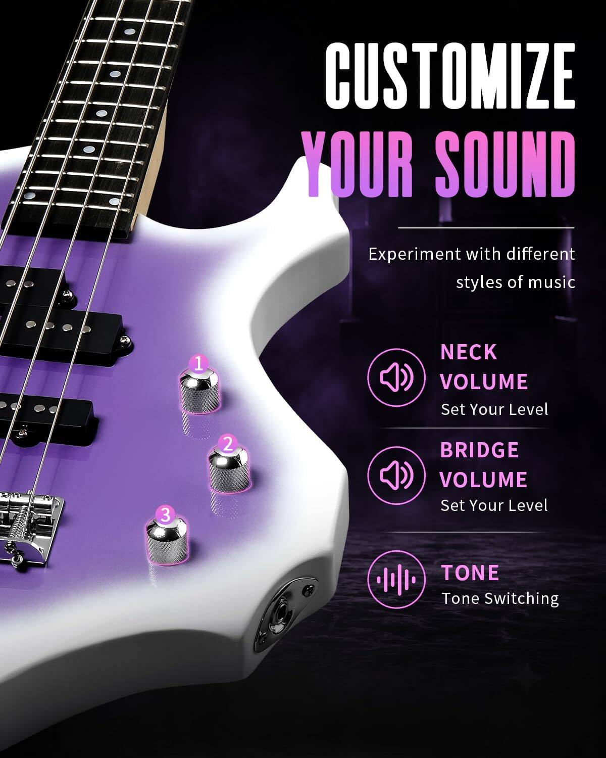 CUSTOMIZE YOUR SOUND

Experiment with different styles of music

1. NECK VOLUME Set Your Level
2. BRIDGE VOLUME Set Your Level
3. TONE Tone Switching