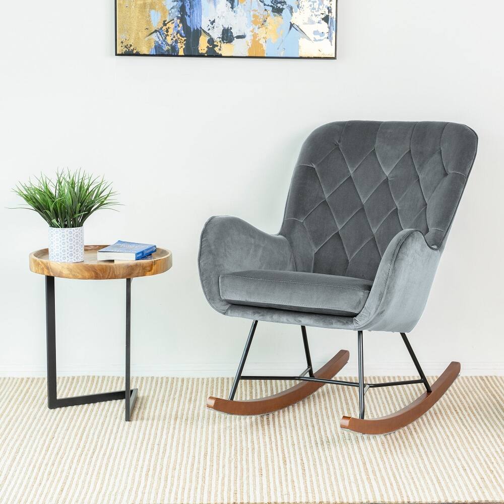 Alt View 4. Loheer - Loheer Mid Century Modern Rocking Chair Dark Grey Nursery Rocker Plush Cushion Armchair for Bedroom Living Room - Dark Grey.