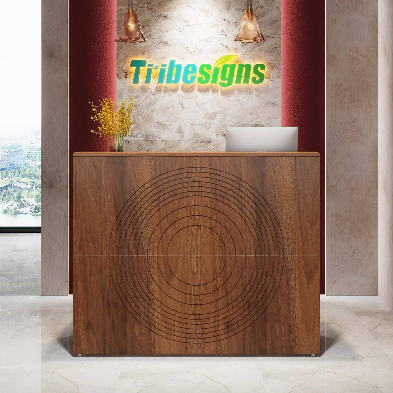 Back. Tribesigns - Office Reception Desk with Engineered Wood Construction, for Front Desk Work in Reception Areas and Shared Workspaces - Brown.