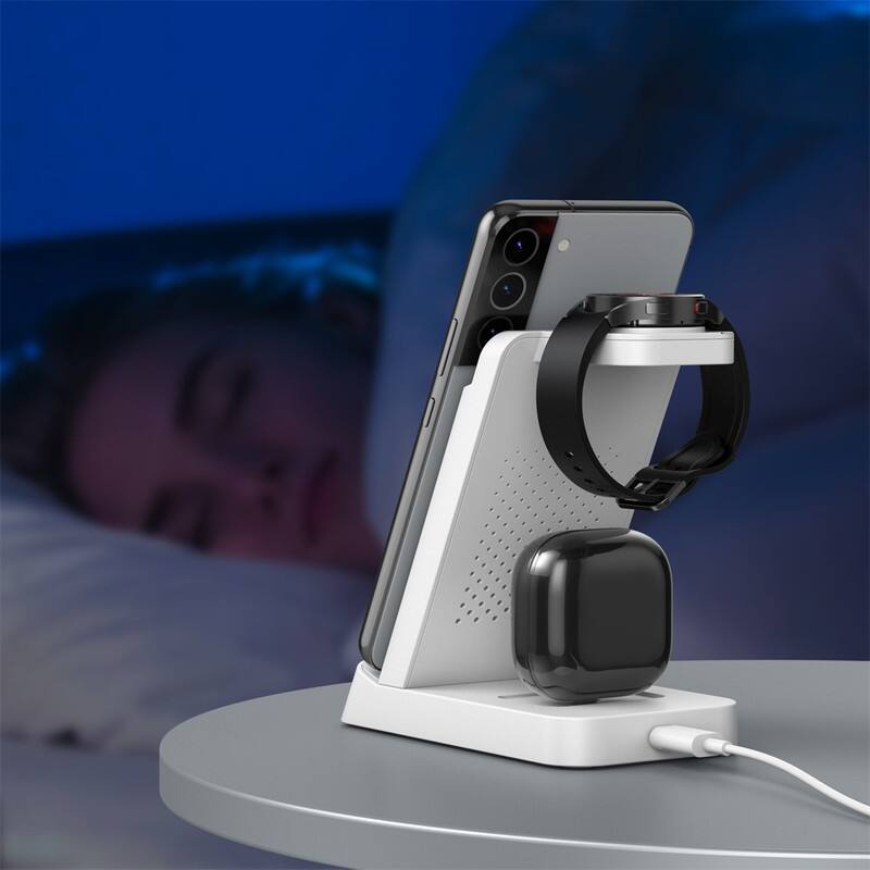 Alt View 2. RISOKEYS - 3-in-1 Charging Dock - Vertical Desktop Charger for Phones, Watchesand Earphones,  Power Adapter for Apple - White.