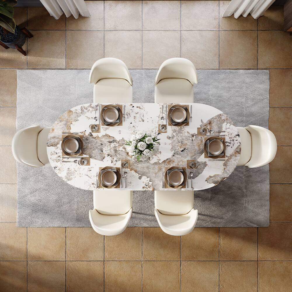 Alt View 2. POVISON - 71"Hobart Modern Oval Dining Table for 6, Pandora Oval Glossy Sintered Stone Kitchen Table, Bronze Carbon Steel Base - Pandora.