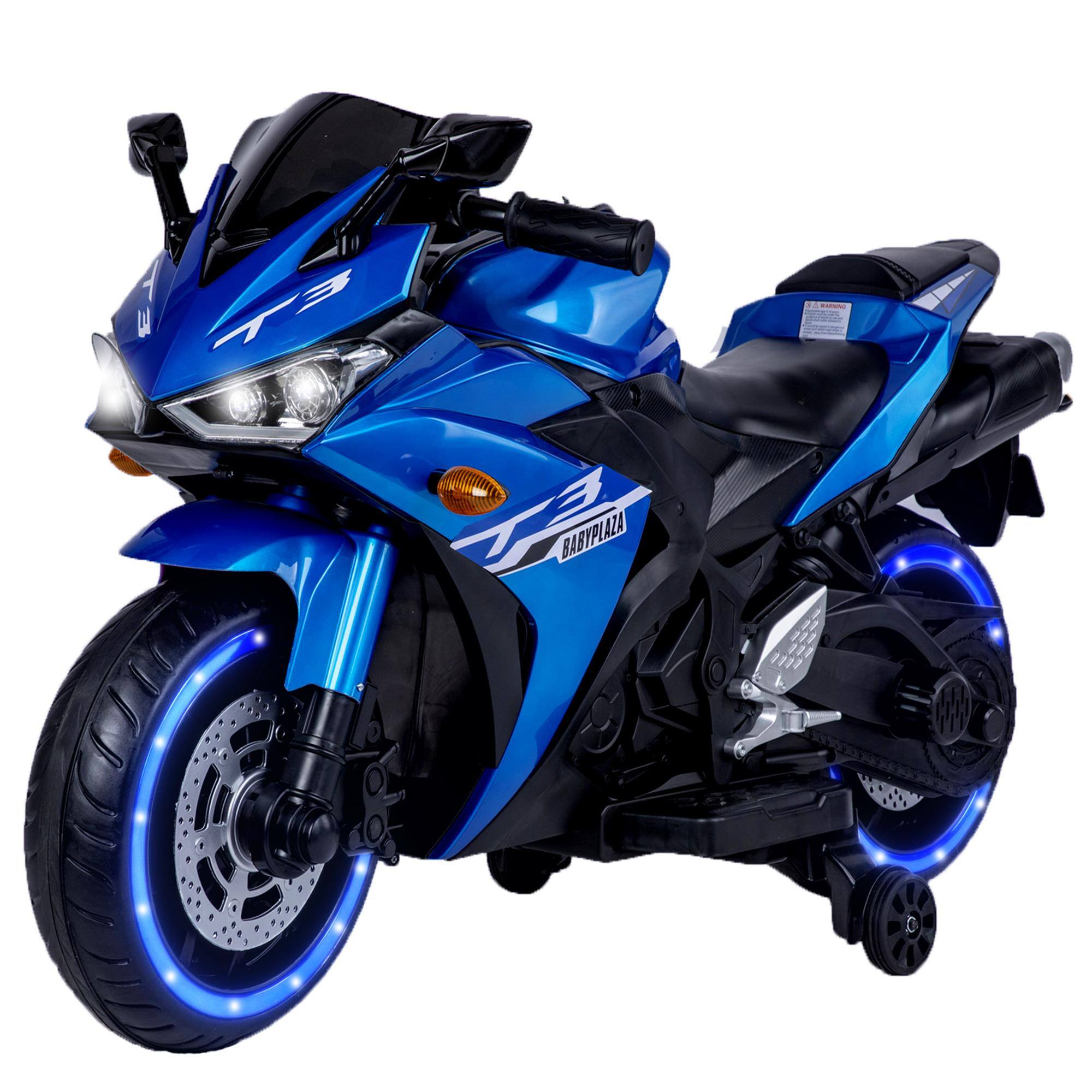 Front. Boyel Living - 3+ Kids 12V Blue Electric Motorcycle with Training Wheels Built-in Stories and Music with Bluetooth For Gift - Blue.