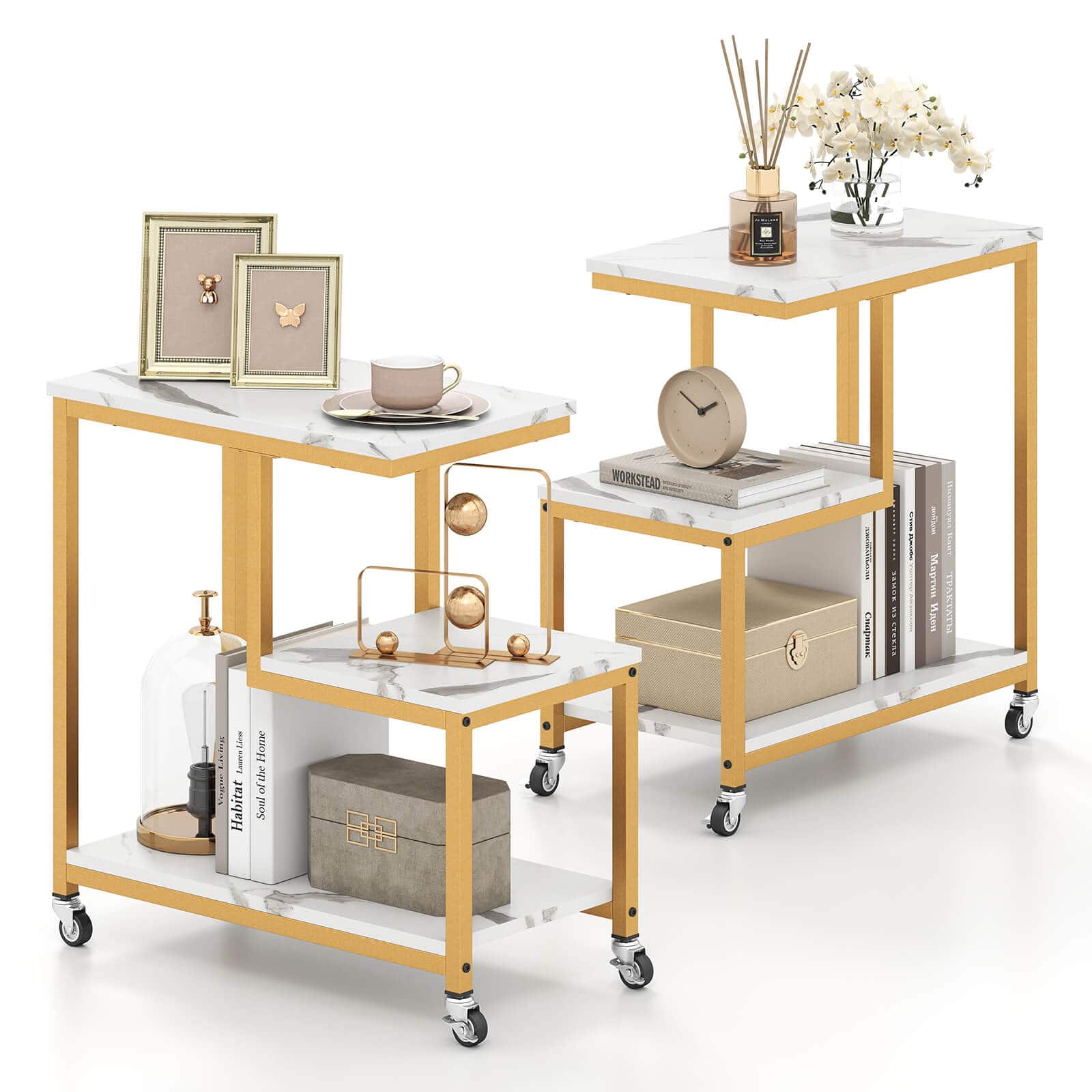 Costway - 2 PCS Modern G-Shaped End Table with Storage Shelves & Lockable Casters for Living Room White - White,Gold price history on PriceWatchPro