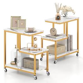 Costway - 2 PCS Modern G-Shaped End Table with Storage Shelves & Lockable Casters for Living Room White - White,Gold