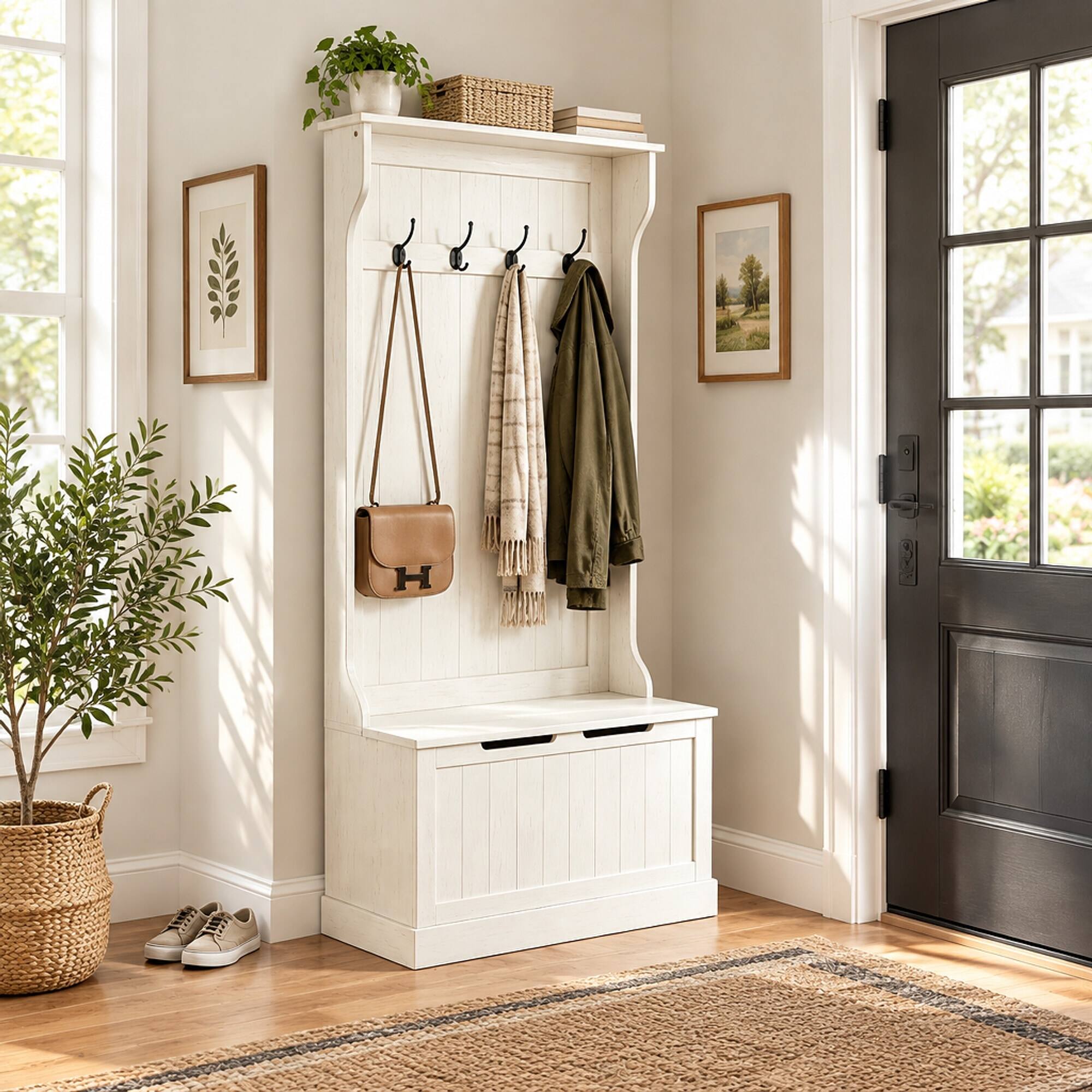 Angle. RYHNUYNE - Multi-Use Hall Tree Bench, Cream White MDF, 4 Steel Double Hooks, Shoe Storage, 67 in Tall - Cream White.