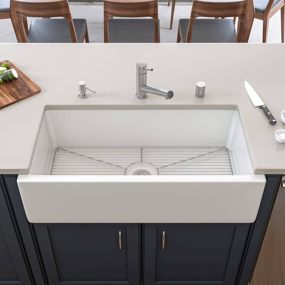 Back. Alfi - 36 inch White Reversible Smooth / Fluted Single Bowl Fireclay Farm Sink - White.