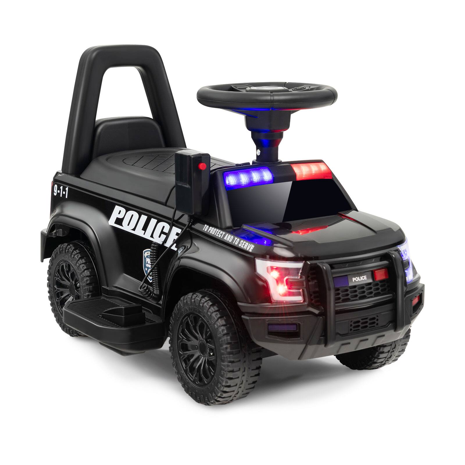 SlickBlue - 6V Kids Ride-On Police Car with Real Megaphone and Flashing Siren Lights - Black