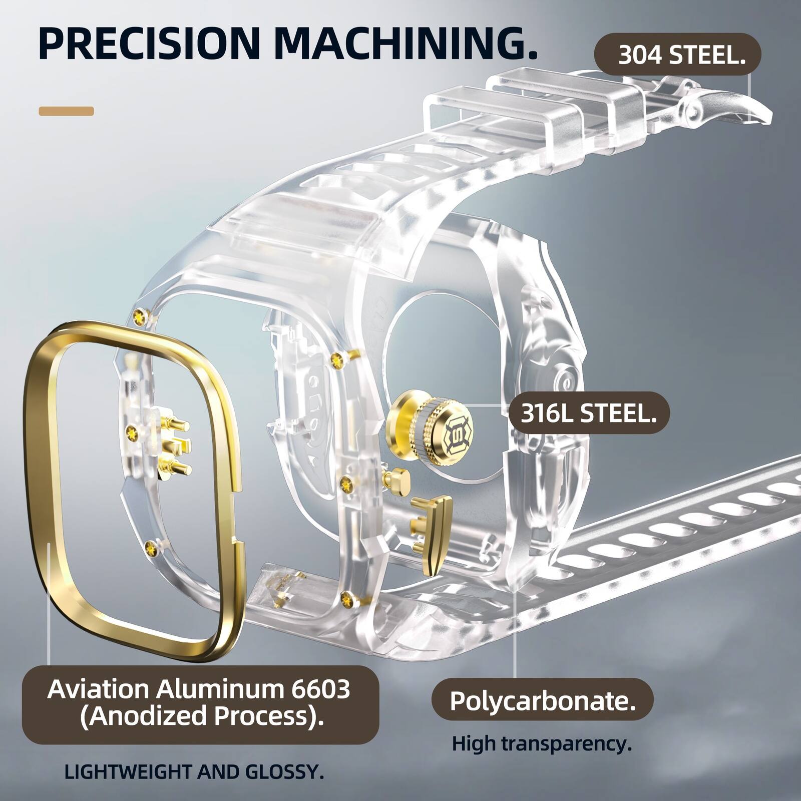 PRECISION MACHINING.  
304 STEEL.  
316L STEEL.  
Aviation Aluminum 6603 (Anodized Process).  
LIGHTWEIGHT AND GLOSSY.  
Polycarbonate.  
High transparency.