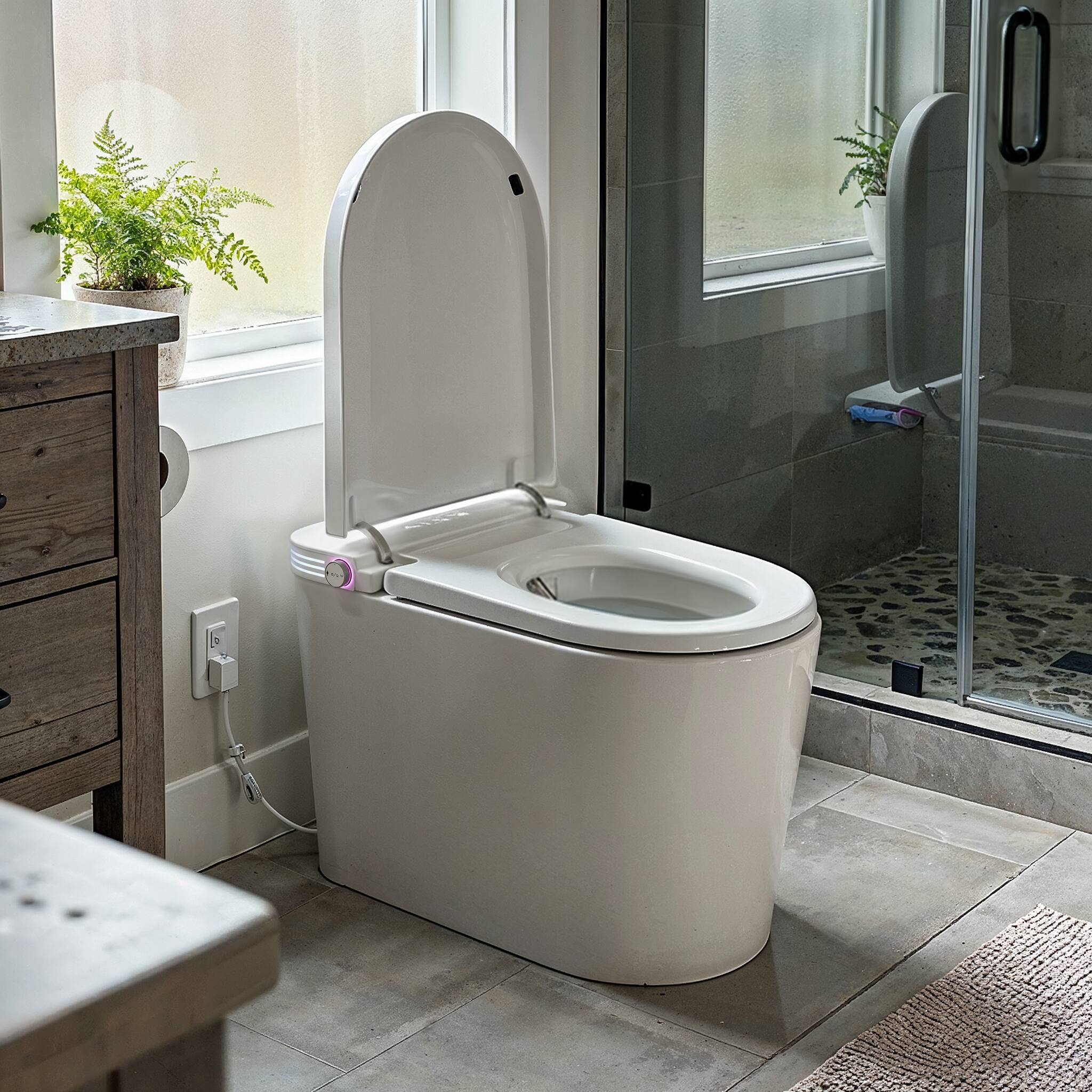 Angle. Famapy - Touchless Smart Toilet with Auto Lid & Auto Flush, Adjustable Bidet Wash, Heated Seat, Warm-Air Dryer, Emergency Flush - White.