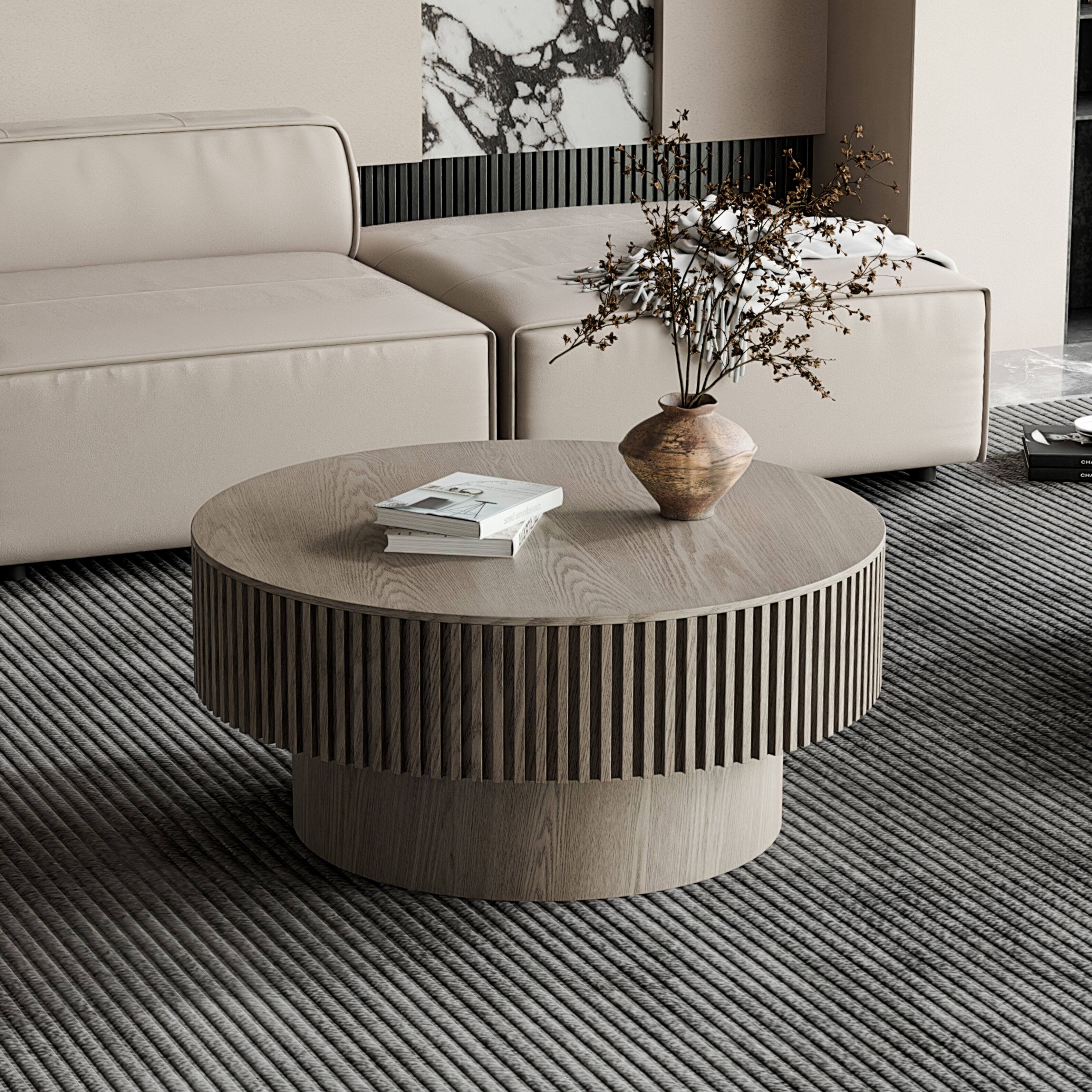 Angle. Loheer - Loheer 31.5 Inch Round Coffee Table with Storage Modern Grey Solid Wood Veneer Living Room Table - Grey.
