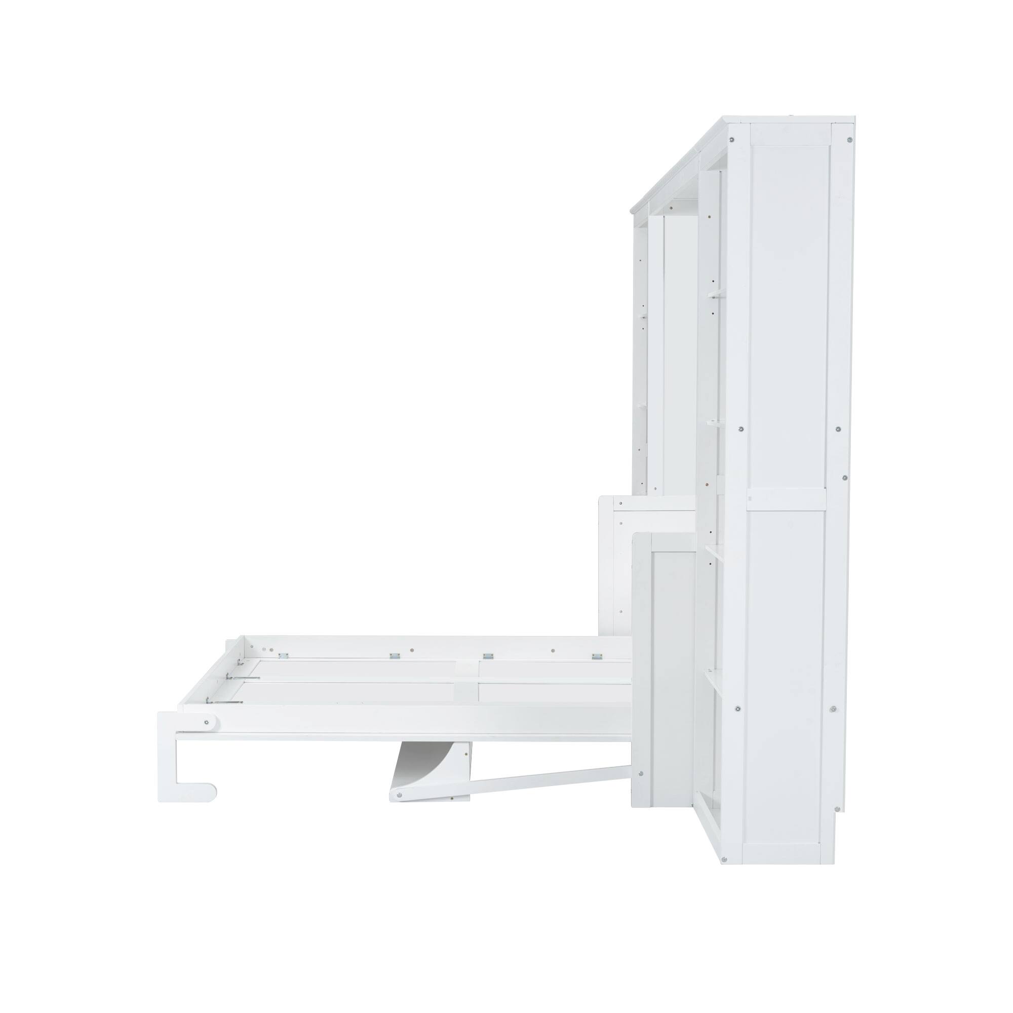 Alt View 10. Tiramisubest - White Solid Wood + MDF Full Size Murphy Bed with Desk and Bookshelf, 110x80x82 inches, 300 lbs - White.